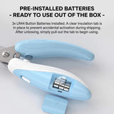 Load image into Gallery viewer, Bottom view of small animal nail clippers showing the pre-installed 3x LR44 button batteries with a clear insulation tab ready for immediate use.