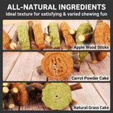 Load image into Gallery viewer, Close-up details of all-natural ingredients: real apple wood sticks, carrot powder cakes, and compressed grass cakes