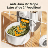 Load image into Gallery viewer, Close-up of the anti-jam 75 degree slope ramp and 2-inch wide outlet preventing pellet clogs inside the rabbit cage feeder bowl.