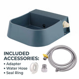 Load image into Gallery viewer, Complete automatic water bowl kit display featuring the blue water basin, 1.5-meter metal supply hose, brass faucet adapter, and thread sealant tape.