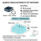 Load image into Gallery viewer, Dimension and specification chart for the 2L (0.53 gallon) automatic pet waterer, showing detailed measurements of 8.9 by 8.07 by 3.15 inches and hose connection specs.