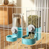 Load image into Gallery viewer, Blue hanging rabbit feeder and water dispenser set installed on indoor enclosure fence, with annotated product dimensions for cage compatibility.