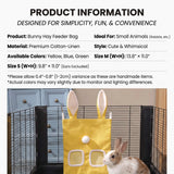 Load image into Gallery viewer, Product information chart for the whimsical bunny ear grass pellet feeder bag, detailing the premium cotton-linen material and dimensions for small and medium sizes.