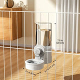 Load image into Gallery viewer, Cage-mounted automatic bunny water dispenser installed on playpen wire, showing precise measurements of 7.9 inches high by 6.7 inches deep.