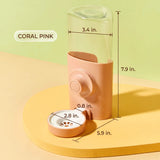 Load image into Gallery viewer, Product dimensions infographic for the coral pink automatic small animal water bottle, detailing height and capacity in inches.