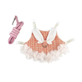 Load image into Gallery viewer, Coral orange tweed bunny vest harness dress with lace collar, floral ruffle hem, and matching pink walking leash.