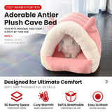 Load image into Gallery viewer, Adorable antler plush cave bed for bunnies showcasing key features including 3D roomy space, cozy warmth, breathable fabric, and machine washable design.