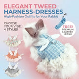 Load image into Gallery viewer, Collection of four stylish tweed rabbit harness dresses featuring floral, coral, blue, and black houndstooth designs with a matching leather leash.