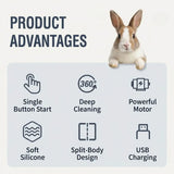 Load image into Gallery viewer, Product benefits of the automatic rabbit paw cleaner including soft silicone, USB charging, quiet motor, and easy split-body cleaning.
