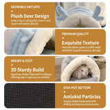 Load image into Gallery viewer, Product detail close-ups of the rabbit cave bed showing soft plush deer antlers, premium ribbed fleece texture, sturdy non-collapsing 3D foam build, and anti-skid bottom grip dots.