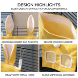 Load image into Gallery viewer, Design highlights of the yellow hanging grass pellet feeder bag showing adorable rabbit ear accents, secure velcro closure, heavy-duty metal cage hooks, and clear-view dual dispensing windows.