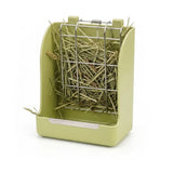 Load image into Gallery viewer, An olive green plastic rabbit hay feeder with a metal grid front and a built in catch tray for less mess, displayed against a clear white background. Ideal for attaching inside a rabbit cage to reduce hay waste