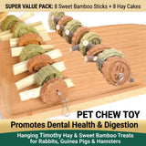 Load image into Gallery viewer, Super value pack of hanging rabbit chew toys with sweet bamboo sticks and pressed hay cakes for dental health