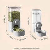 Load image into Gallery viewer, Detailed size and dimension specs for the hanging rabbit water dispenser and automatic dry food gravity feeder in inches and centimeters.