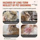 Load image into Gallery viewer, Infographic highlighting hazards of un-groomed rabbit fur including fur matting, heavy shedding, skin disease, and hairball ingestion.