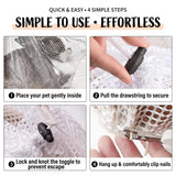 Load image into Gallery viewer, Four-step guide showing how to place a rabbit into the grooming bag, cinch the drawstring, and trim nails safely.