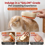 Load image into Gallery viewer, 3-step guide showing how to spray, wash, and comb a pet bunny using a misting grooming brush.