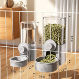 Load image into Gallery viewer, Full side view of grey cage-mounted bunny water bottle dispenser and gravity pellet feeder combo with detailed 7.9-inch and 8.7-inch measurement overlays.