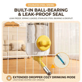 Load image into Gallery viewer, A gravity-fed rabbit water dispenser attached to a wire cage, highlighting its built-in stainless steel spring, ball-bearing mechanism, and leak-proof seal with an extended dropper.