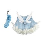 Load image into Gallery viewer, Pastel blue tweed rabbit harness dress with breathable mesh lining, white petal trim, and matching blue walking lead.