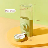 Load image into Gallery viewer, Product dimensions infographic for the mint green automatic small animal cage-mounted water dispenser.