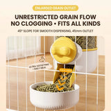 Load image into Gallery viewer, Close-up of a cage-mounted rabbit pellet feeder featuring a 45mm enlarged grain outlet and a 45-degree slope to ensure a smooth, no-clog gravity food flow for daily bunny meals.