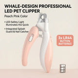 Load image into Gallery viewer, Peach pink colored whale-design professional LED pet clipper with safety light, integrated nail catcher shield, and 3 LR44 button batteries.