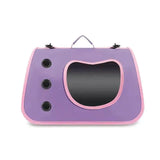 Load image into Gallery viewer, Front view of a portable bunny carrier bag in lavender purple with pastel pink trim, heart-shaped viewing window, and three breathable side air holes.