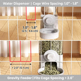 Load image into Gallery viewer, Wire cage spacing compatibility guide showing 1.0 to 1.8 inch requirement for the rabbit water dispenser and over 2.0 inch spacing for the gravity pellet feeder.