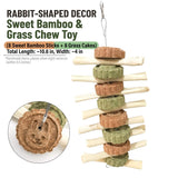 Load image into Gallery viewer, 10.6-inch hanging rabbit chew toy dimensions with bunny-stamped carrot grass cakes and sweet bamboo