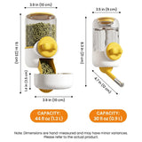 Load image into Gallery viewer, Specification diagram detailing dimensions and capacities for the rabbit feeder (44 fl oz / 1.3 L) and the rabbit water bottle (30 fl oz / 0.9 L) in inches and centimeters.