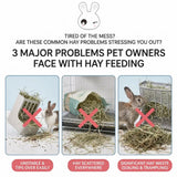 Load image into Gallery viewer, An infographic title card reading "3 MAJOR PROBLEMS PET OWNERS FACE WITH HAY FEEDING". Below it, three illustrated examples of messy hay setups: "UNSTABLE &amp; TIPS OVER EASILY", "HAY SCATTERED EVERYWHERE", and "SIGNIFICANT HAY WASTE (SOILING &amp; TRAMPLING)", highlighting common user issues