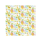 Load image into Gallery viewer, Fabric pattern detail of the bunny grooming swaddle wrap with cute cartoon giraffe, little lion, palm leaves, and Good Vibes print