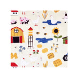 Load image into Gallery viewer, Whimsical countryside farm pattern featuring barns, geese, chickens, sunflowers, and hay bales on a rabbit swaddle wrap