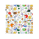 Load image into Gallery viewer, Full pattern swatch of the rabbit grooming wrap featuring cute cartoon animals, fruit, and comic doodle print