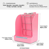Load image into Gallery viewer, A technical graphic displaying the dimensions and materials of a pink rabbit hay feeder. Dimensions are 18cm (7.1 in) height, 14cm (5.5 in) width, and 9cm (3.5 in) depth. Materials specified are "Chew-Proof PP Plastic" and "Durable Chrome-Plated Mesh". A small "US Market Ready" badge is visible