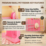 Load image into Gallery viewer, A graphic image highlighting three key features of a premium rabbit hay feeder: "01 Easy Hay Refills: Wide-Opening Lid" (shown with a hand lifting the metal lid), "02 Secure &amp; Quick Installation" (showing a knob securing it to the cage), and "03 Durable Stainless Steel Edges (Chew-Proof)" (showing edges designed to prevent gnawing)