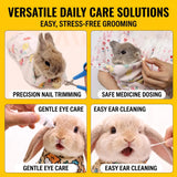 Load image into Gallery viewer, Four daily care uses for the rabbit wrap: precision nail trimming, oral medicine feeding, gentle eye drops, and ear cleaning