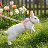 Load image into Gallery viewer, A white rabbit hopping safely in a spring garden, secured by a pink adjustable bunny harness and a long walking leash.