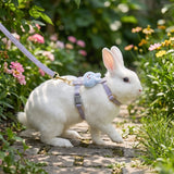 Load image into Gallery viewer, A white rabbit exploring a garden stone path safely, tethered with a secure purple rabbit walking leash and comfortable vest.