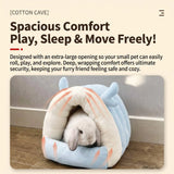Load image into Gallery viewer, Blue fleece rabbit cave bed showing the spacious arch opening and deep wrapping comfort designed for easy entry and safe pet burrowing.