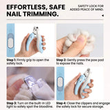 Load image into Gallery viewer, Effortless 4-step safe nail trimming guide for rabbits: unlocking the safety lock, gently pressing the paw pad, using the LED light to spot the bloodline, and securing the clippers.