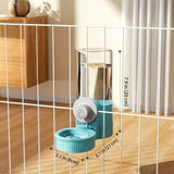 Load image into Gallery viewer, Teal blue automatic rabbit water dispenser mounted on a wire cage, showing dimensions of 7.9 inches high by 6.7 inches deep with a 3.1-inch drinking bowl.