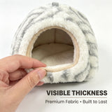 Load image into Gallery viewer, Close-up view of the thick plush fabric and cushioned entrance on a small pet hideout tent.