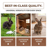 Load image into Gallery viewer, A three-panel infographic highlighting universal placement options for rabbit care, showing pet bunnies in outdoor grass, an outdoor wooden hutch, and an indoor home living space.