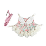 Load image into Gallery viewer, Cottagecore vintage floral print rabbit harness dress with white wing bow collar, ruffle skirt, and pink leash.