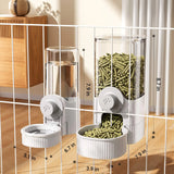 Load image into Gallery viewer, Complete set of White hanging rabbit gravity feeder and automatic water dispenser side-by-side on cage wire, showing complete height and bowl width specs.