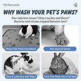 Load image into Gallery viewer, Infographic showing rabbit paw hygiene issues, dirty paw prints on floors, and why a dedicated paw washer is better than wipes